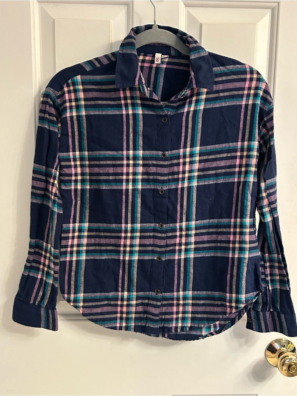 Girls SO Navy Plaid Button-Down Shirt with Pink and Teal Stripes